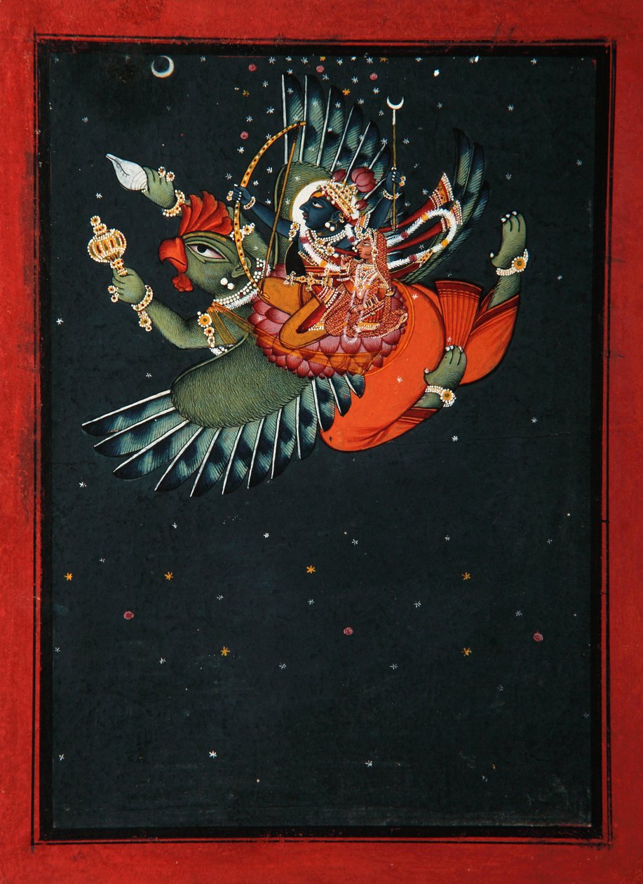 På vingene til Garuda: Krishna og Satyabhama flyr gjennom nattehimmelen, ca. 1750 (ugjennomsiktig wc og gull på papir) av Indian School