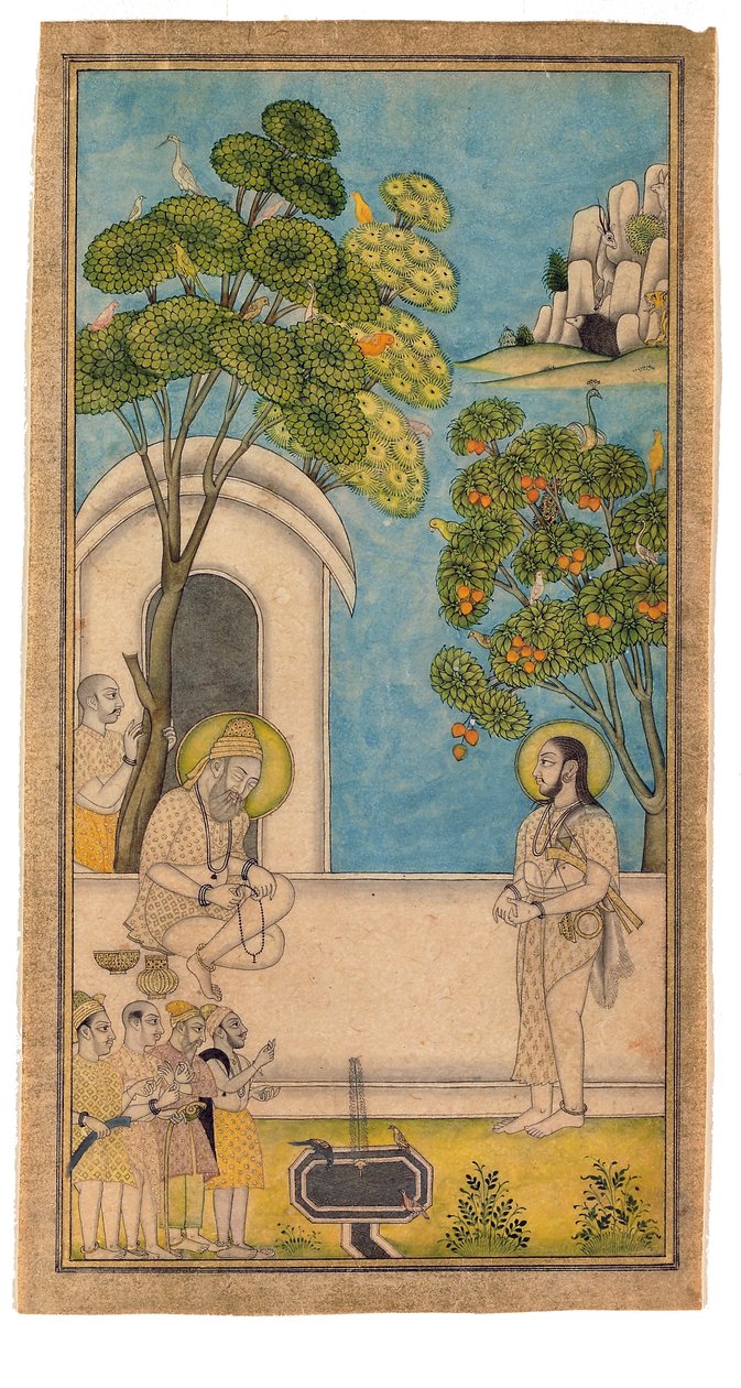En hellig mann kommer på besøk til en annen, 1700-25 (ugjennomsiktig wc og gull på papir) av Indian School