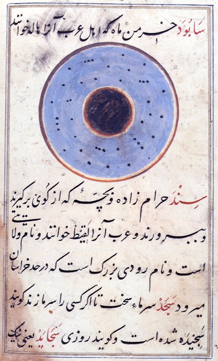Eller 3299 fol.158v En 'sabud' eller måneglorie, fra 'Miftah al-Fuzala' av Muhammad ibn Da'ud Shadiyabadi, laget i Mandu (Shadiabad) (vellum) av Indian School