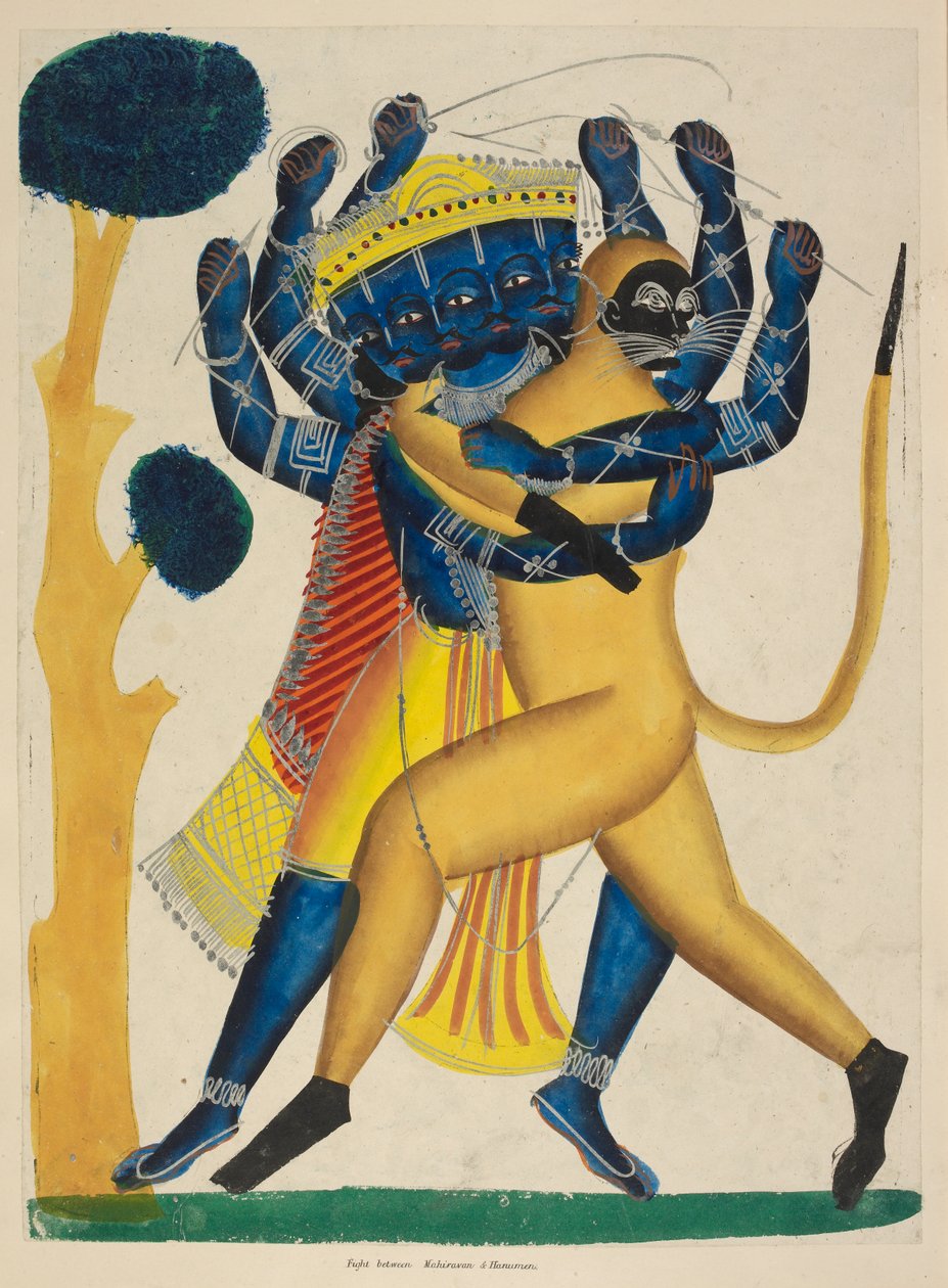 Eller. 891 Hanuman kjemper mot Ravana, ca. 1865 (akvarell på papir) av Indian School