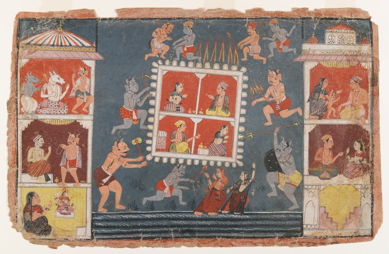 Side fra en Dispersed Bhagavata Purana Series, ca. 1610-1650 (ugjennomsiktig wc på papir) av Indian School