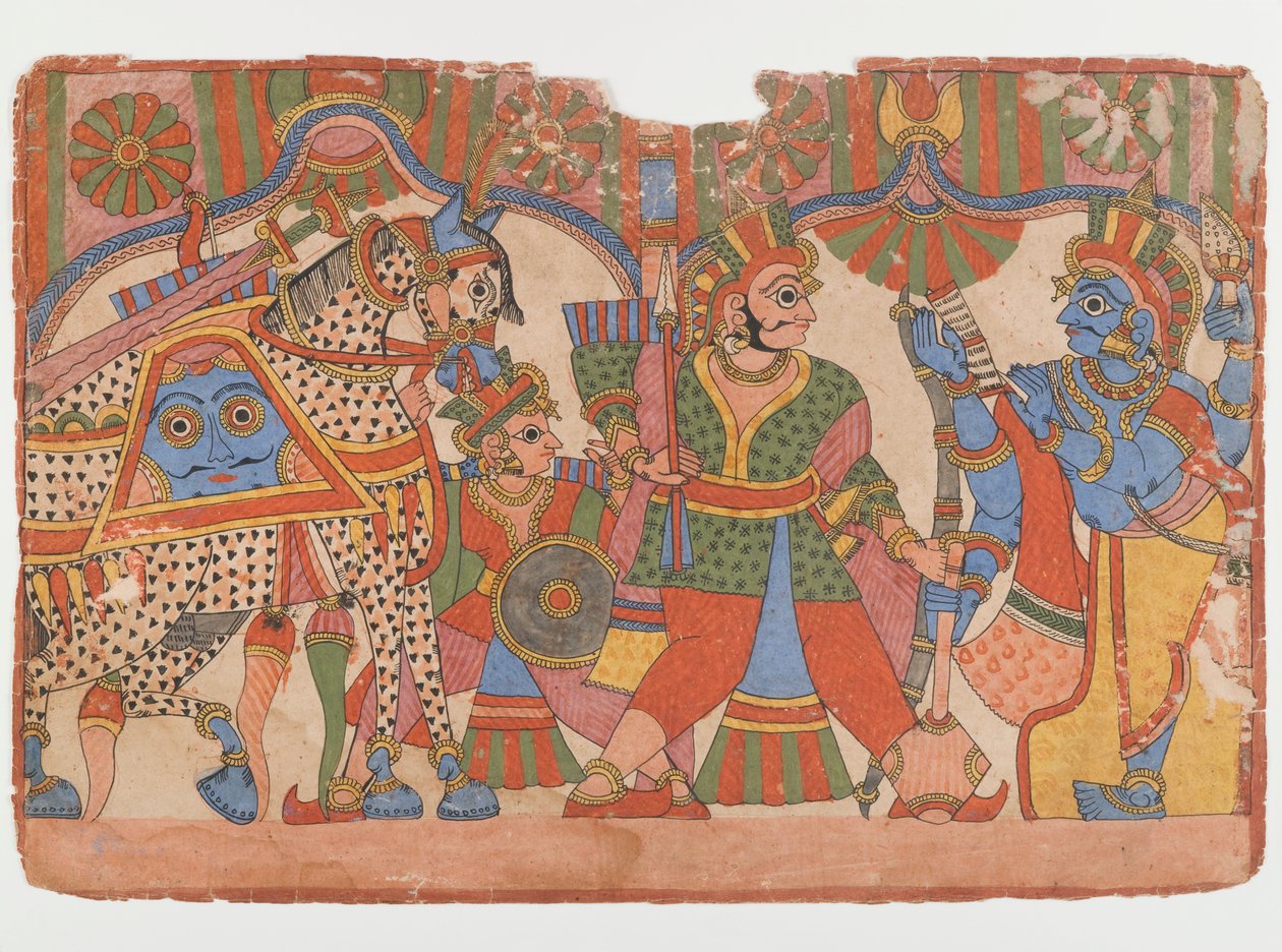 Side fra en Mahabharata-serie, ca. 1830-50 (blekk og farger på papir) av Indian School