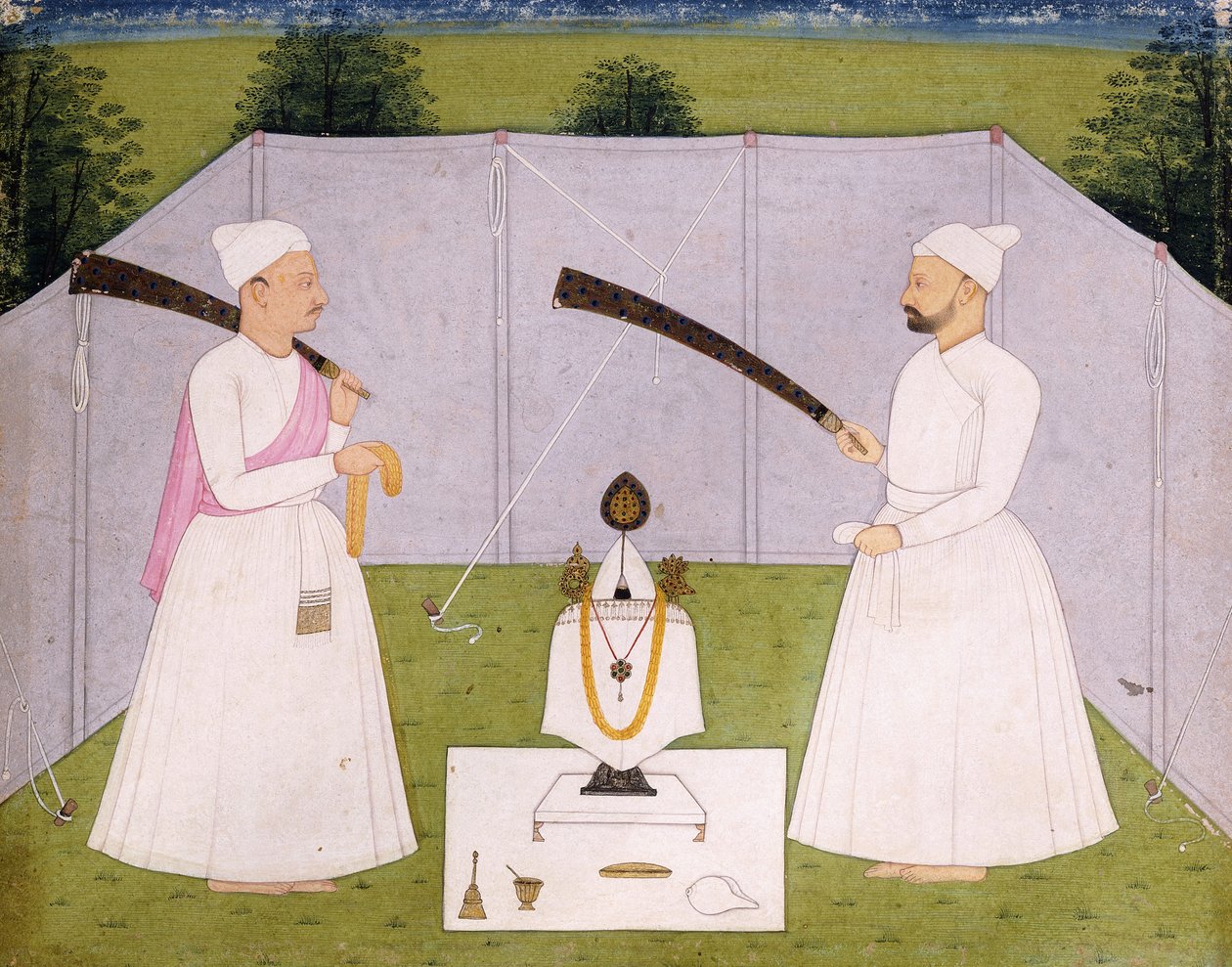 Pandits som deltar i Balwant Singhs personlige helligdom, ca. 1750 av Indian School