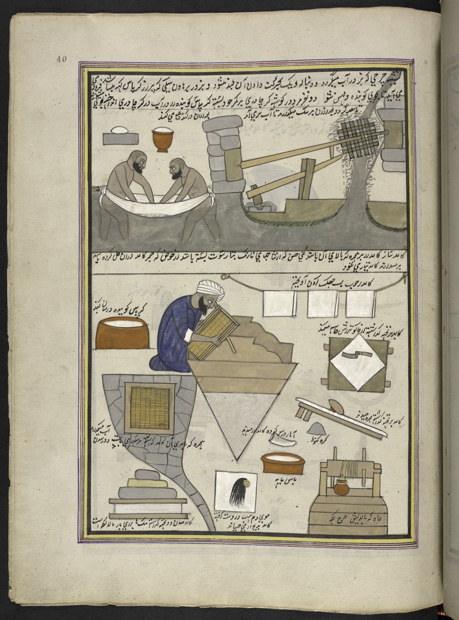 Papirprodusenter,  86 tegninger bundet inn i et bind som viser håndverk og yrker i Kashmir, håndverkere vises i arbeid med redskaper og utstyr,  Av en Kashmir-kunstner, sannsynligvis i Srinagar, ca. 1850-60 (gouache på papir) av Indian School