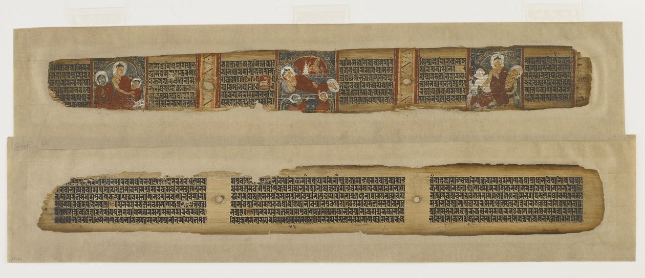 Parinirvana of Buddha, fra et Prajnaparamita-manuskript, Bengal eller Bihar, Pala-Sena-dynastiet (ugjennomsiktig akvarell og blekk på palmeblad) av Indian School
