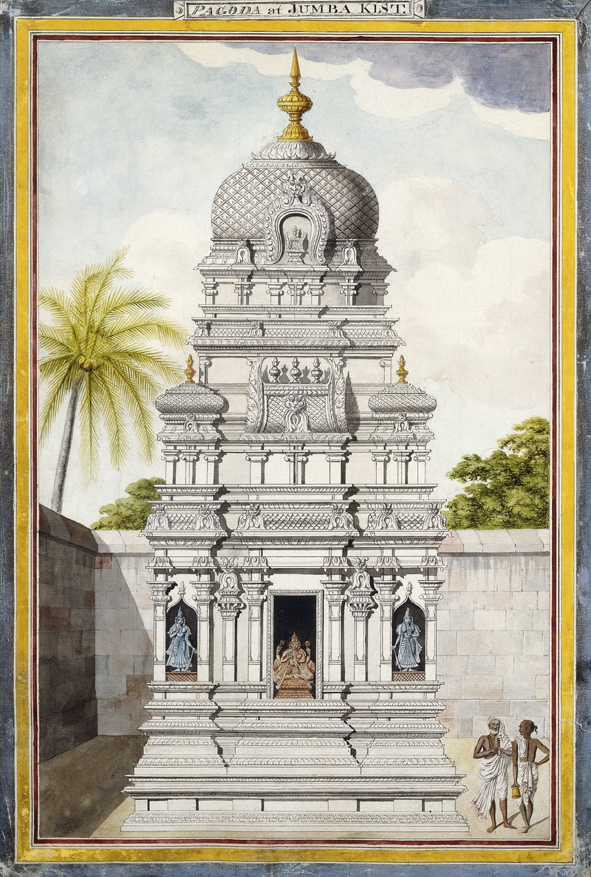 En del av Temple of Jambukeshvara, Srirangam, Tamil Nadu, ca. 1800 (blyant, penn, svart blekk, w/c på lagt papir) av Indian School