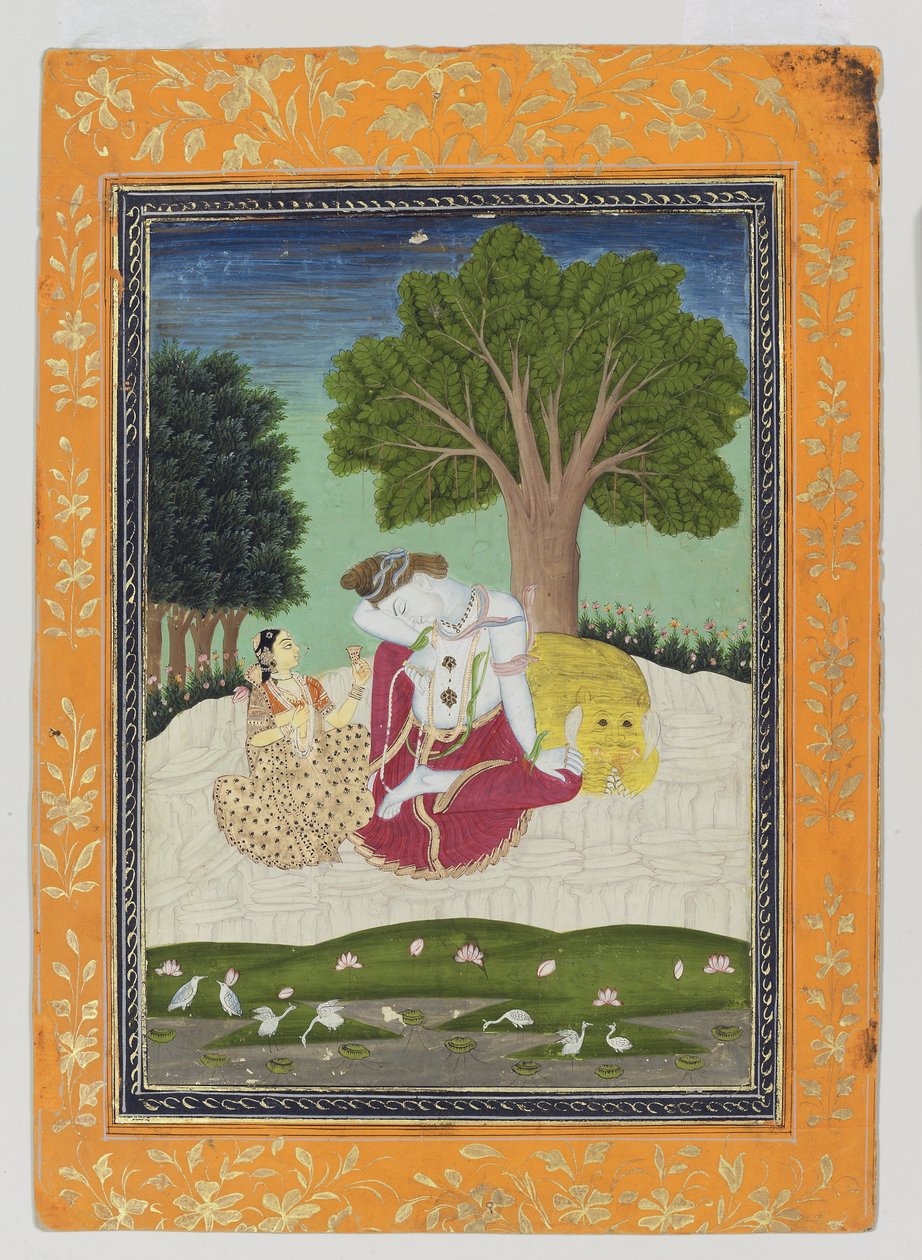 Parvati tilbyr en kopp til Shiva, ca. 1800 (ugjennomsiktig wc og gull på papir) av Indian School