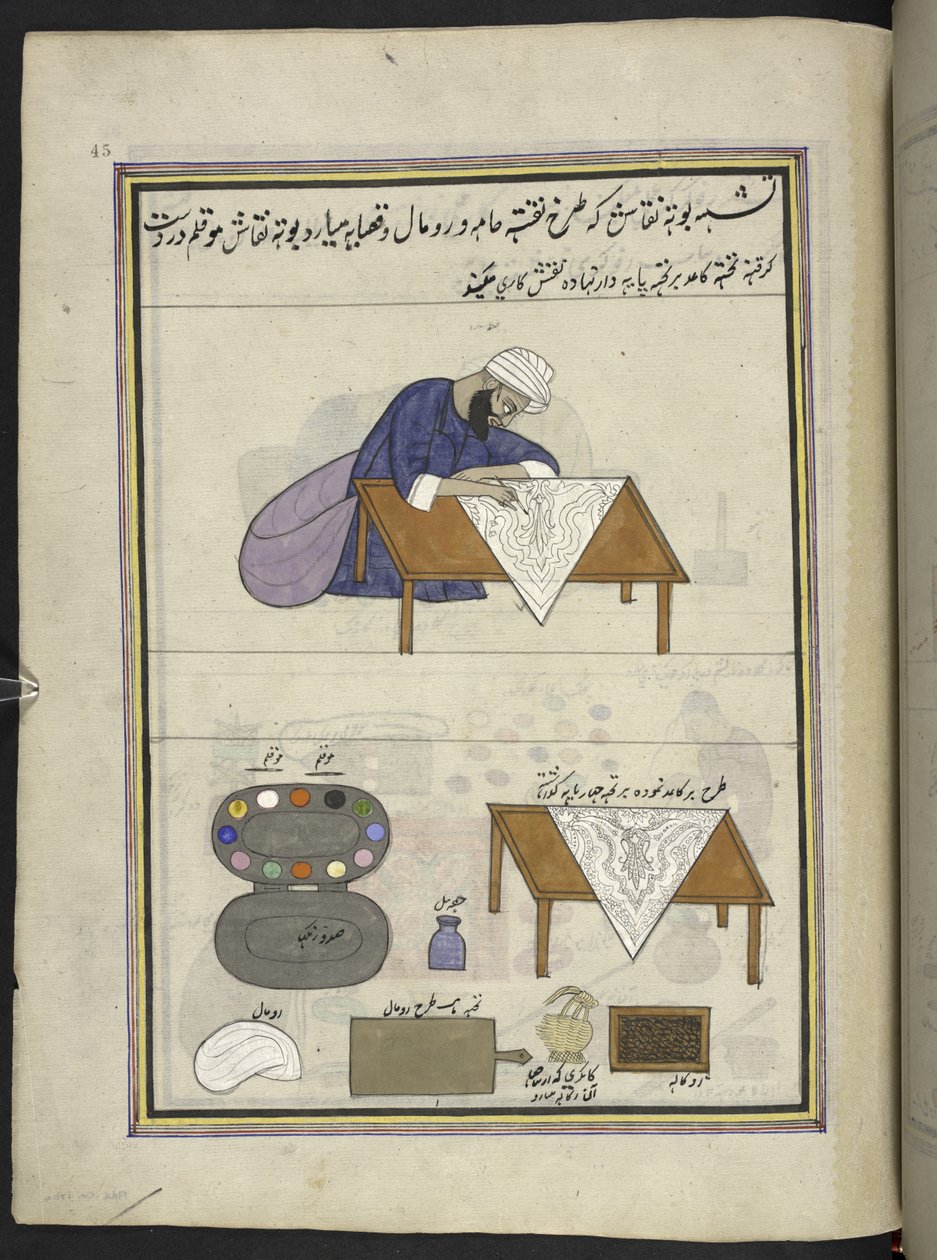 Mønsterskuff '(naqqash)' forbereder et design for et sjal, 86 tegninger bundet inn i et volum som viser håndverk og yrker i Kashmir, håndverkere vises i arbeid med redskaper og utstyr, Av en Kashmir-kunstner, sannsynligvis i Srinagar, ca. 1850-6 av Indian School