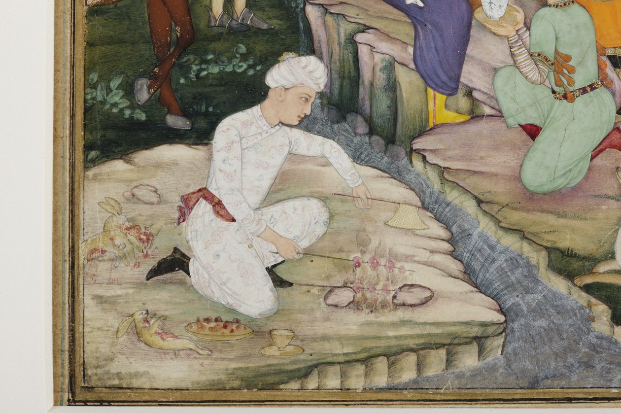Piknik i løpet av en jakt, detalj, ca. 1615 (ugjennomsiktig wc på papir) av Indian School