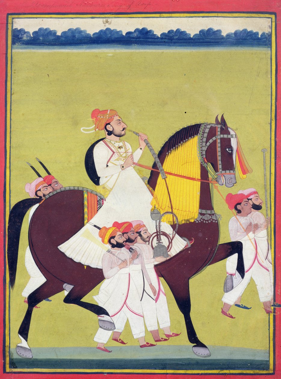 Portrett av Kumbhawat Kesari Singh fra Asop, rir på hest, røyker vannpipe og ledsaget av ledsagere, Jodhpur, ca. 1810-20 av Indian School