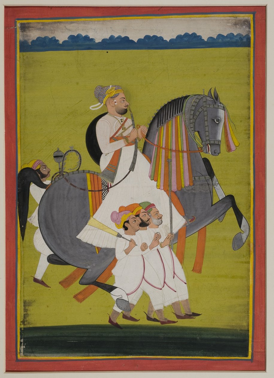 Portrett av Thakur Surtan Singh fra Nimbaj, til hest med ledsagere til fots, 1820 (gouache på indisk papir) av Indian School