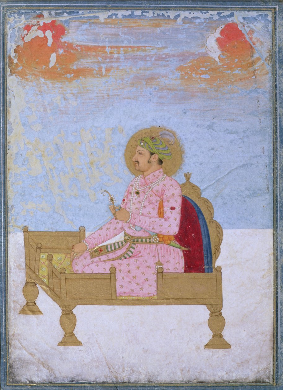 Portrett av keiser Jahangir (1569-1627) sittende på en trone med en sarapesh, Mughal, ca. 1720-40 av Indian School