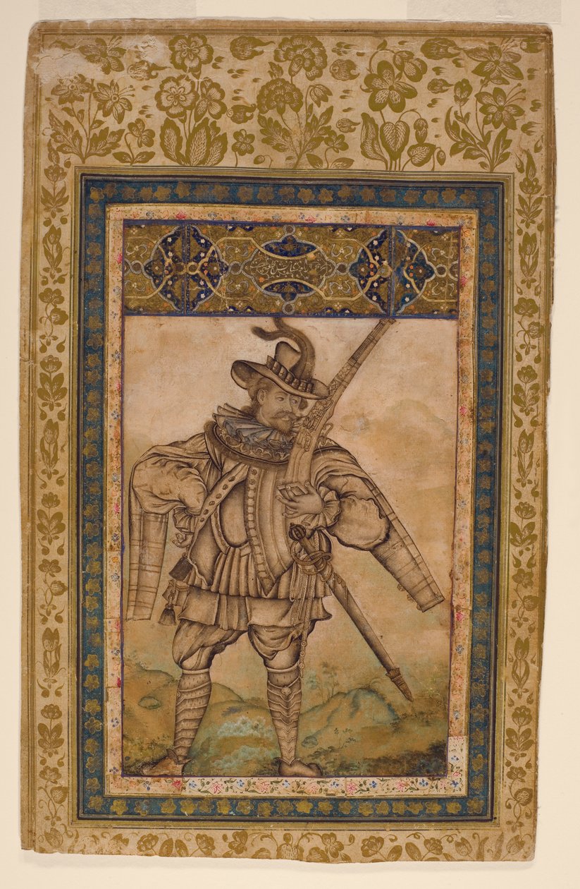 Portrett av den portugisiske admiralen Albuquerque, ca. 1615 (ugjennomsiktig wc og gull på papir) av Indian School