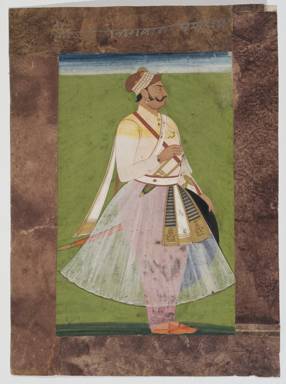 Portrett av Rathor-sjefen Bhagwan Das, av Mertia-klanen i Rian, Jodhpur, 1820 (montert gouache på indisk papir med sammensatt brunt papirkant) av Indian School