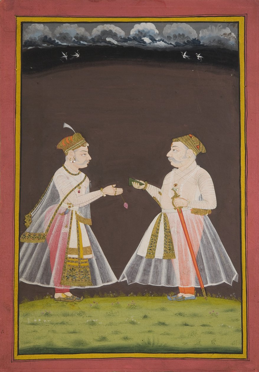 Sannsynligvis et portrett av Rana Raj Singh fra Udaipur (1661-81) som tilbyr pan til en adelsmann, 1820 av Indian School