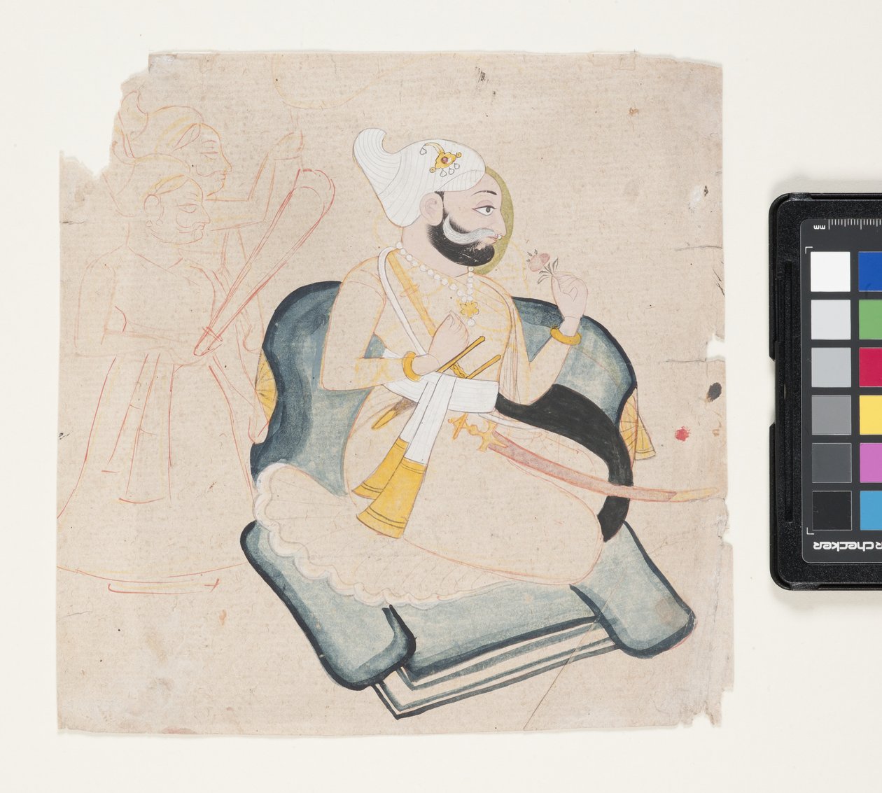 Profil av knelende prins med to ledsagere (penselblekk og akvarell på papir) av Indian School
