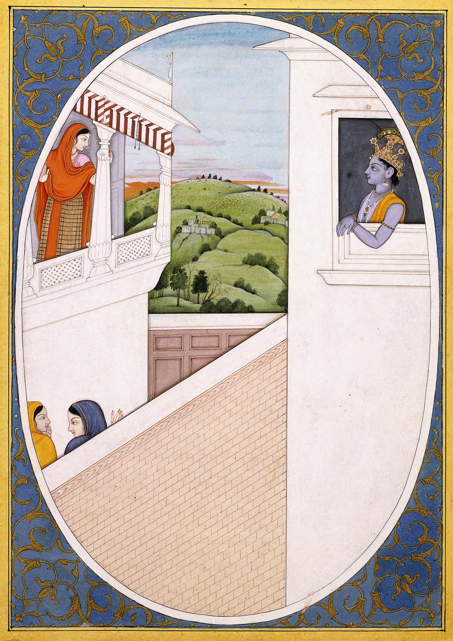 Radha og Krishna, betatt av hverandres skjønnhet, ca. 1785 av Indian School