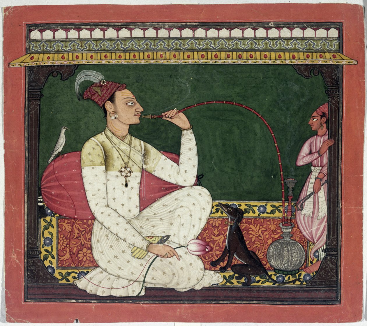 Raja Medini Pal, Inspirert på elvene i Takri Characters Bilauria Medini Pal, Basohli, Himachal Pradesh, Pahari School, 1735 av Indian School