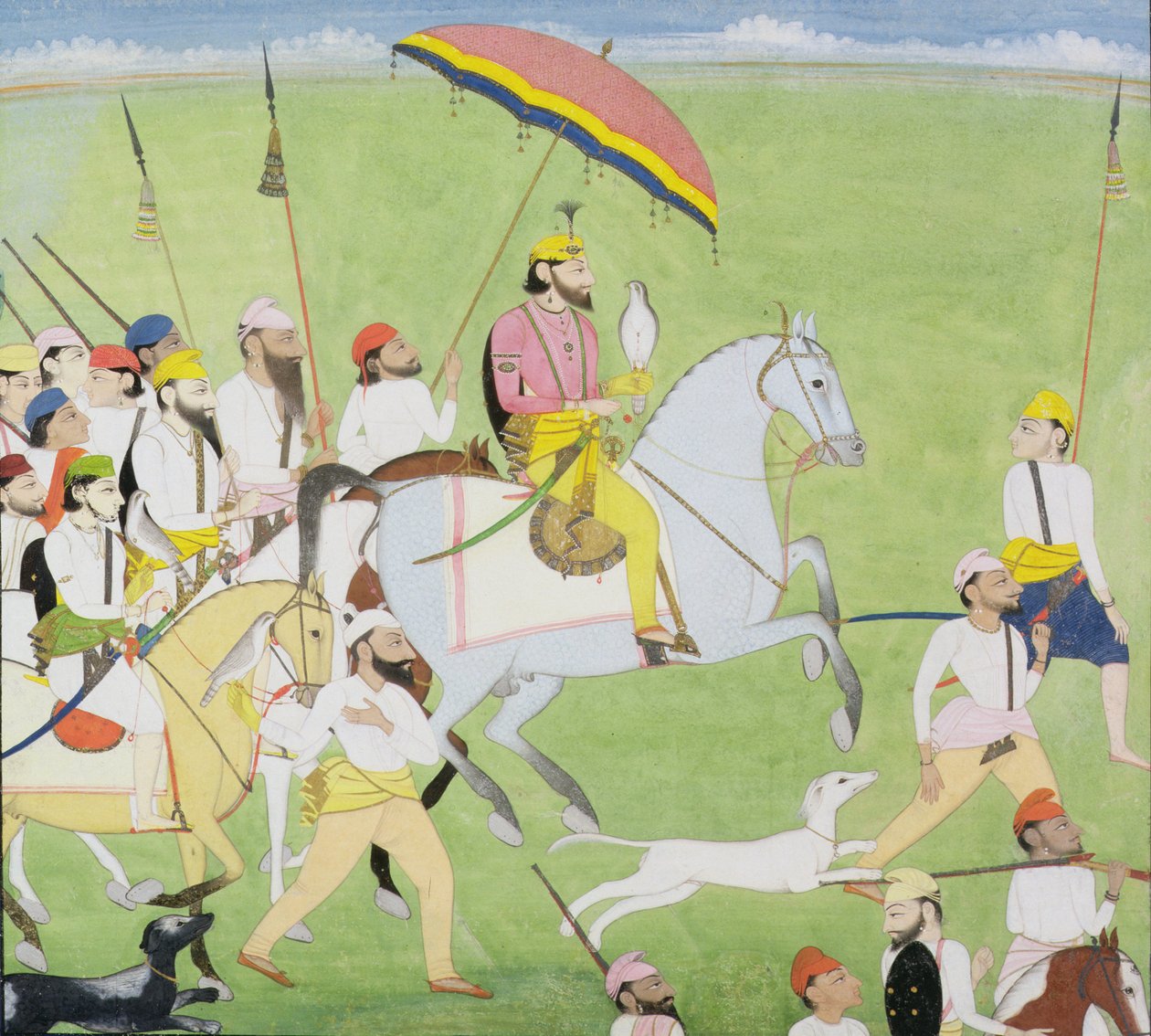 Rajah Dhian Singh (1796-1840) på jakt med ledsagere, ca. 1834-40 av Indian School