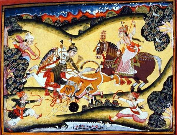 Rajput Princesses Killing a Lion, Bundi School, ca. 1810-20 (gouache på papir) av Indian School