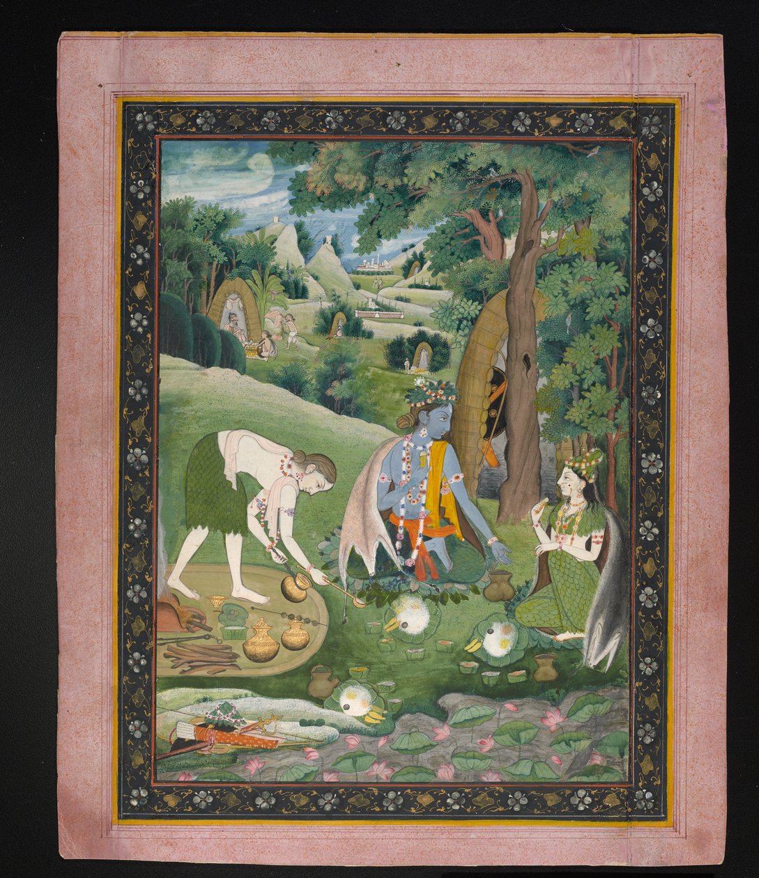 Rama, Lakshmana og Sita Cooking and Eating in the Wilderness, ca. 1820 (gouache med gull på papir) av Indian School