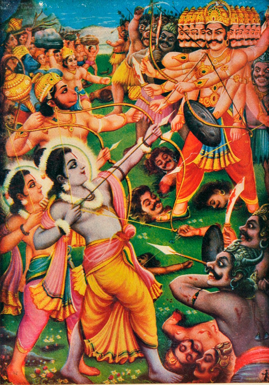 Rama og Hanuman kjemper mot demonen Ravana, scene fra Ramayana av Indian School