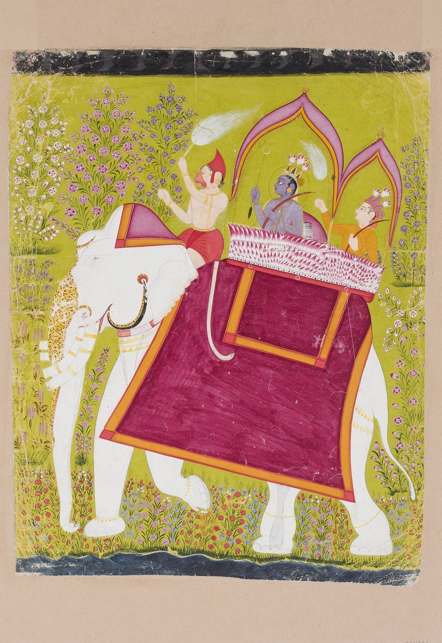Rama og Lakshman i howdah til en hvit elefant med Hanuman som mahout, sent på 1700-tallet (ugjennomsiktig wc på papir) av Indian School