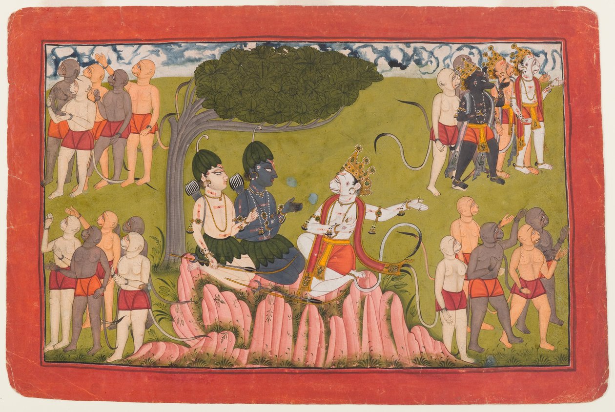 Rama og Lakshmana konfererer med Sugriva om søket etter Sita, folio fra en spredt Ramayana-serie, ca. 1770-10 (wc på papir) av Indian School