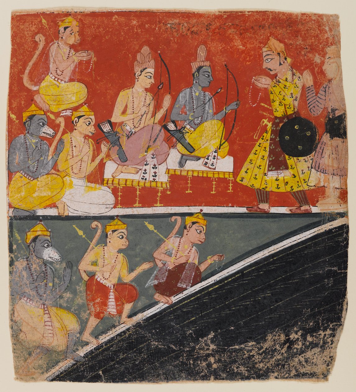 Rama og Lakshmana mottar utsendinger, side fra en spredt Ramayana-serie, ca. 1634 (wc på papir) av Indian School