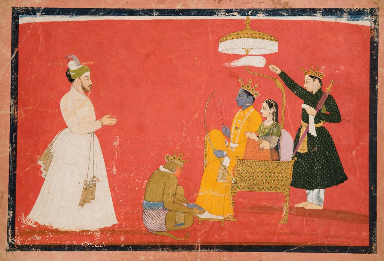 Rama og Sita Enthroned, ca. 1750 (ugjennomsiktig wc og gull på papir) av Indian School