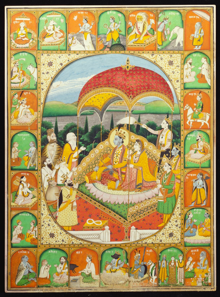 Rama og Sita Enthroned, tilbedt av Shiva, Hanuman og andre, 1800-20 av Indian School