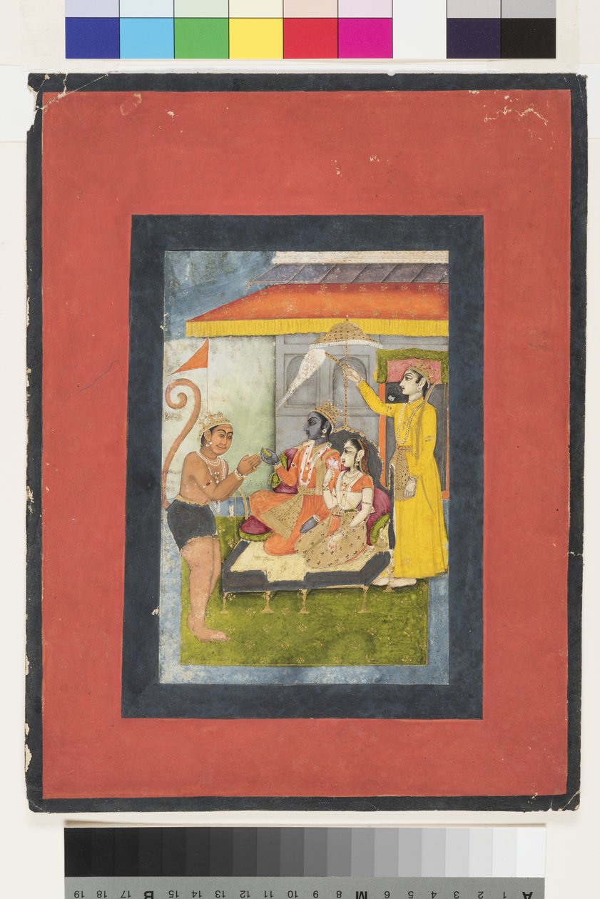 Rama og Sita tronet, tilbedt av Hanuman; Lakshmana har en morchal, ca. 1780 (ugjennomsiktig wc og gull på papir) av Indian School