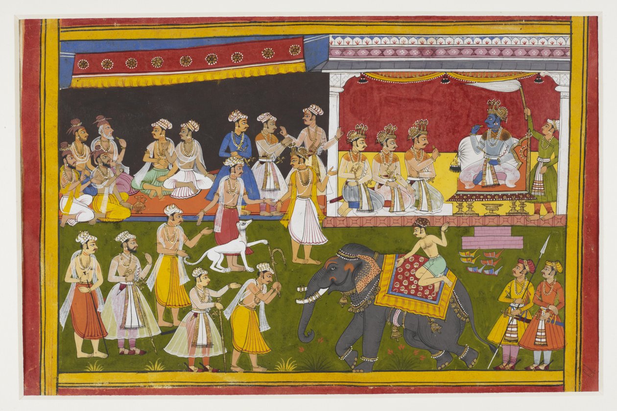 Rama hører en hunds bønn om rettferdighet, mens en brahmin vender tilbake til klosteret sitt. av Indian School