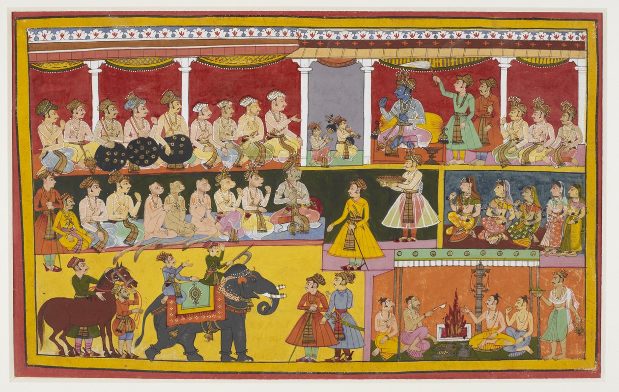 Rama lytter til Lava og Kusha synger Ramayana, med aper og Vibhishana av Indian School