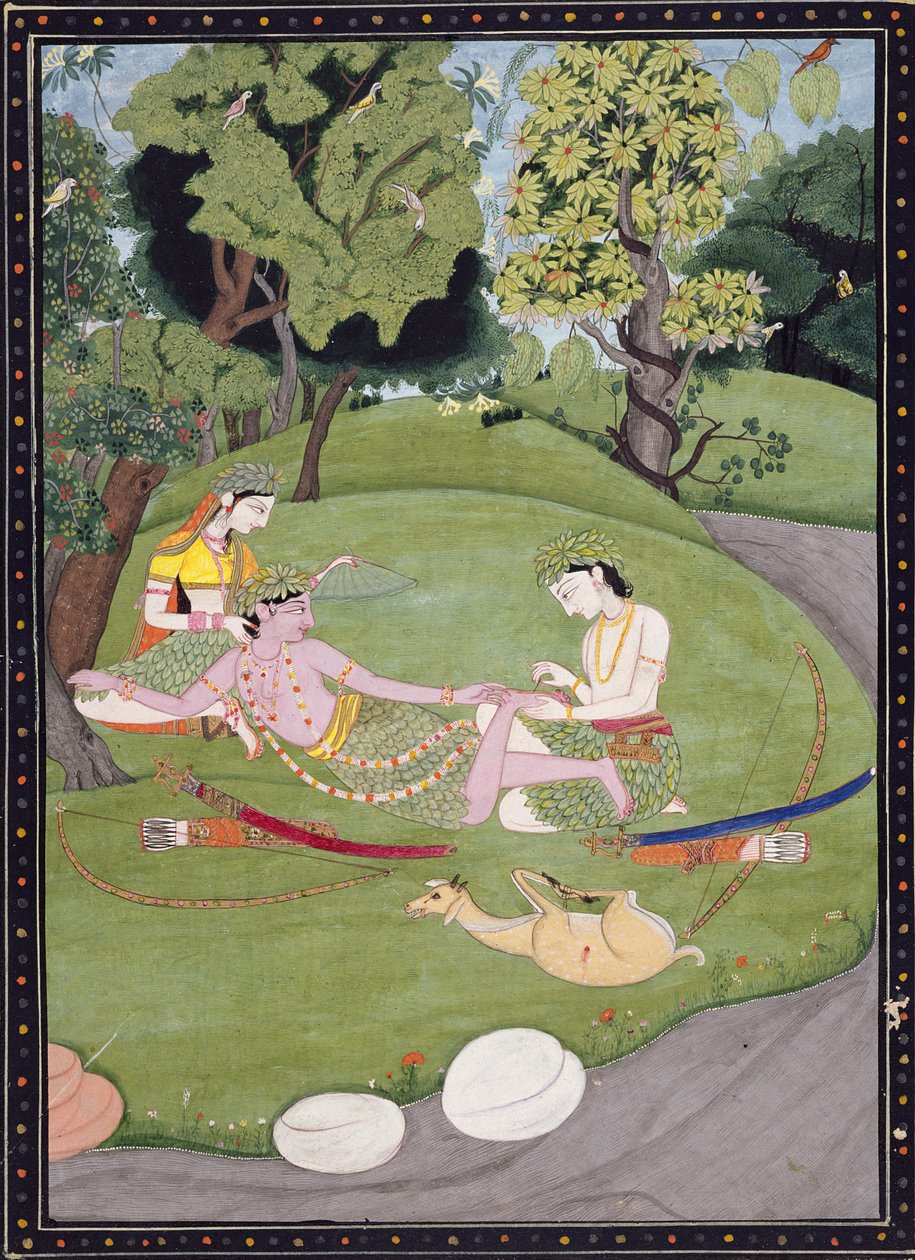 Rama lener seg tilbake mot Sita, mens broren Laksman trekker en torn fra foten hans, 1845 (gouache, blekk og gull på papir) av Indian School
