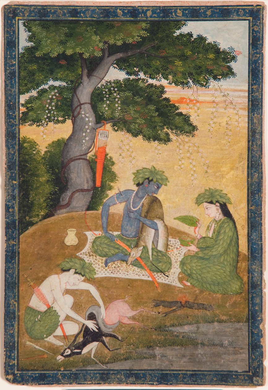 Rama, med Sita og Lakshmana i skogen, fra Ramayana, ca. 1790 (ugjennomsiktig wc og gull på papir) av Indian School