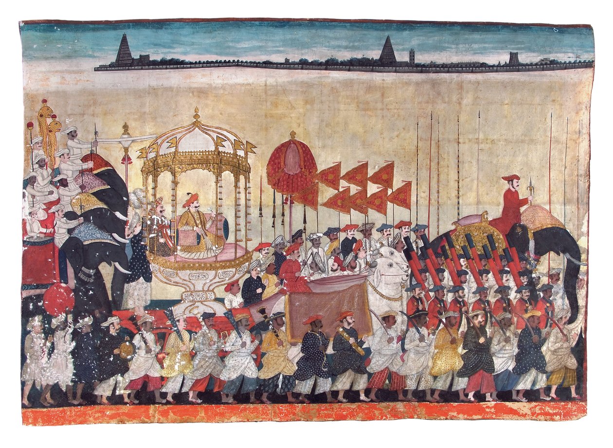 Rao Tuljaji i prosesjon, ca. 1775 (ugjennomsiktig wc og gull på papir) av Indian School