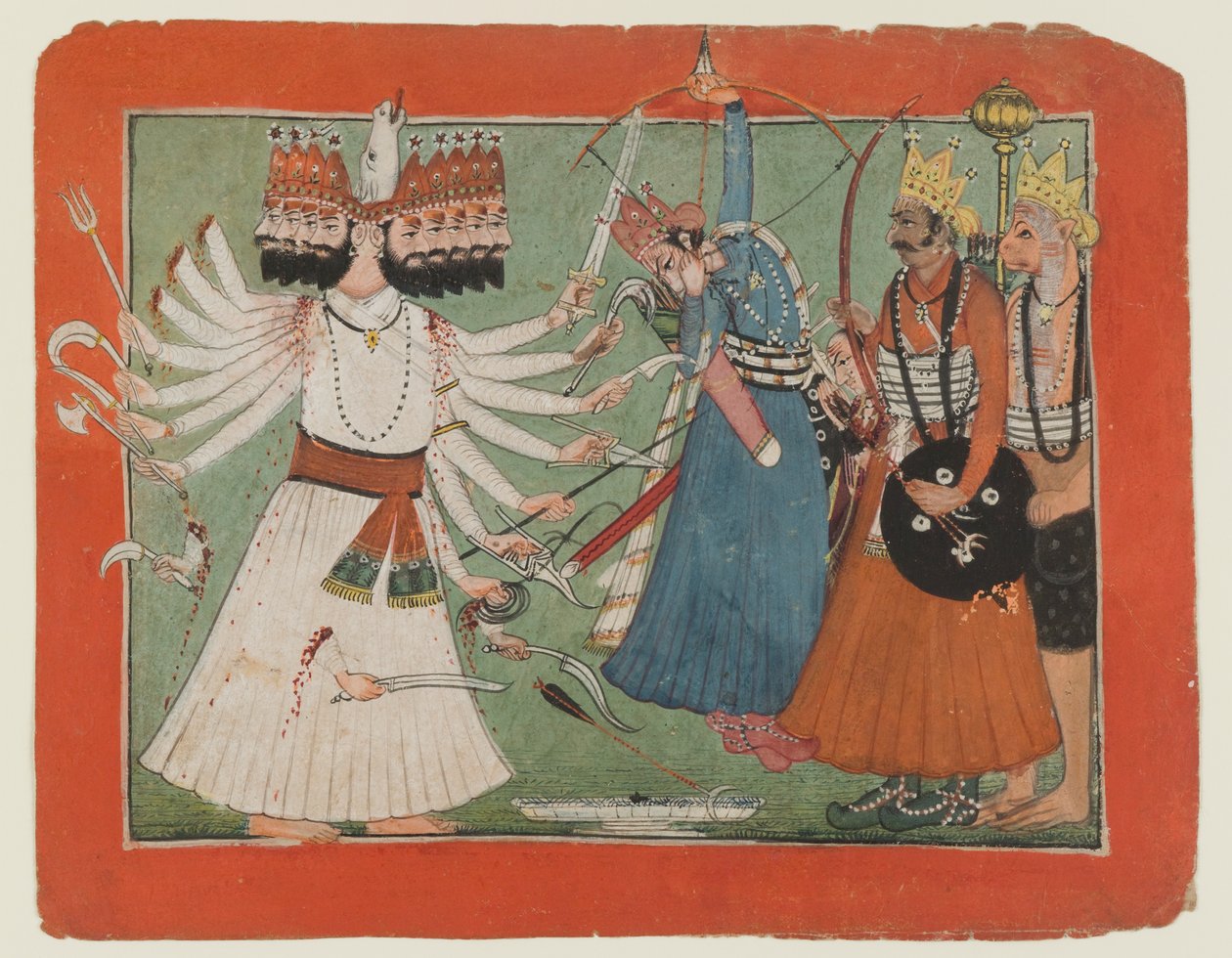 Ravana utfordrer Ramas hær, ca. 1750 (ugjennomsiktig akvarell på papir) av Indian School