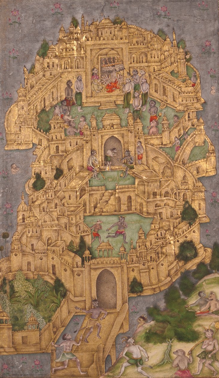 Ravanas gyldne citadell på Lanka, ca. 1610 (ugjennomsiktig wc og gull på papir) av Indian School