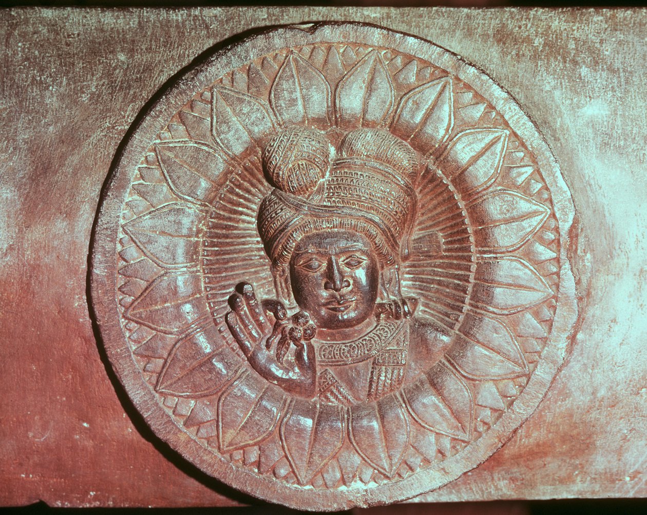 Relieff som viser en lotusblomst med hodet til en mann, fra en buddhistisk stupa fra Bharhut, Madhya Pradesh, sen Mauryan-periode, Sunga-dynastiet (180-72 f.Kr.) av Indian School