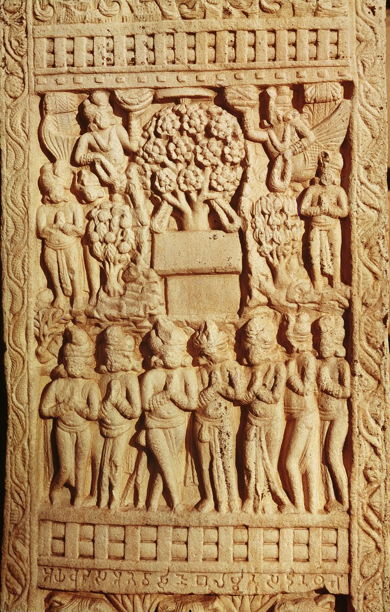 Relieff som viser tilbedelsen av Buddha representert av et tre, sen Mauryan-periode, Sunga-dynastiet (180-72 f.Kr.) av Indian School