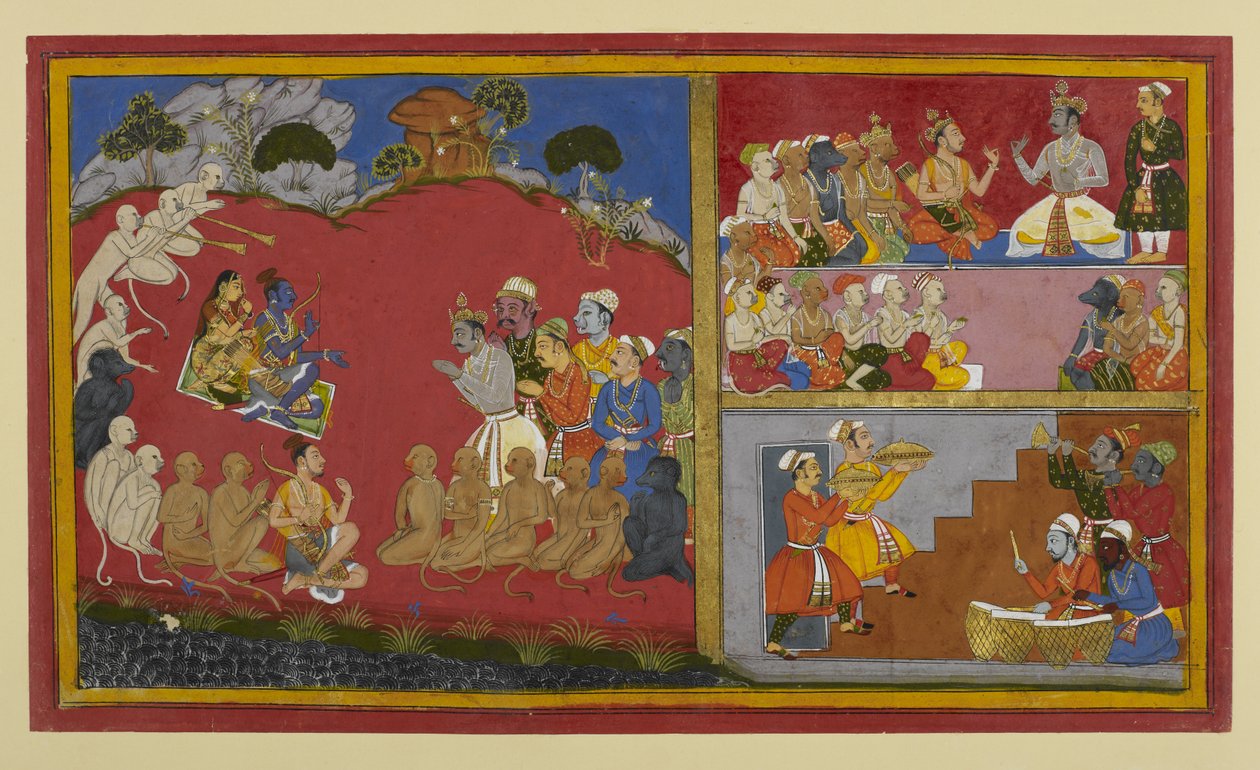 Rāma aksepterer hyllest, men venter på å komme tilbake til Ayodhyā; Vibhīṣaṇa arrangerer en durbar for ape- og bjørneledere av Indian School