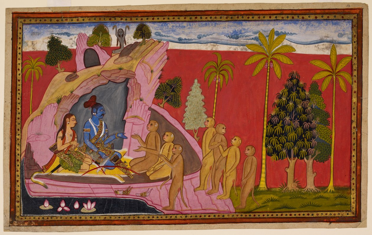 Rāma og Lakṣmaṇa, sittende på et løveskinn, gleder seg over Hanumāns nyheter og Sītās juvel, men er fortvilet over hennes vanskelige situasjon og finner trøst i Sugrīva. 1653 (miniatyr) av Indian School