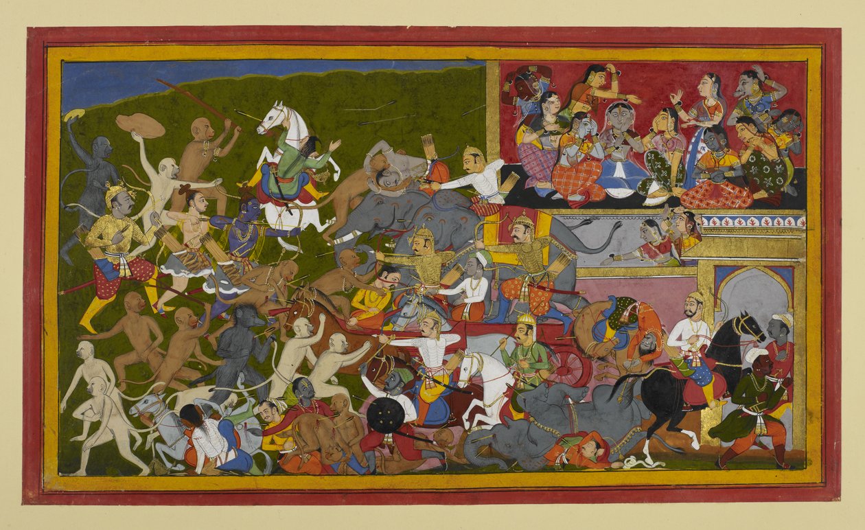 Rāma og Lakṣmaṇa dreper demoner mens kvinnelige titaner sørger og minner om en profeti av Indian School