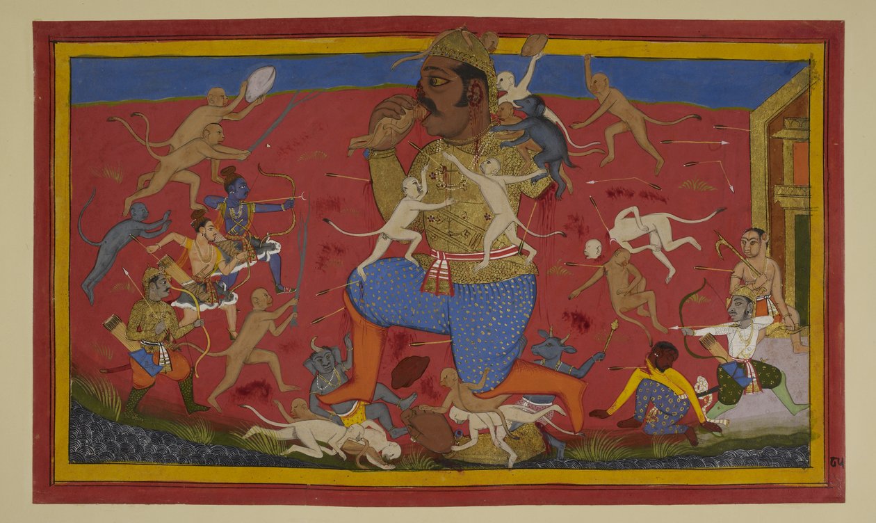 Rama og Lakshmana sårer Kumbhakarna mens demoner trekker seg tilbake av Indian School
