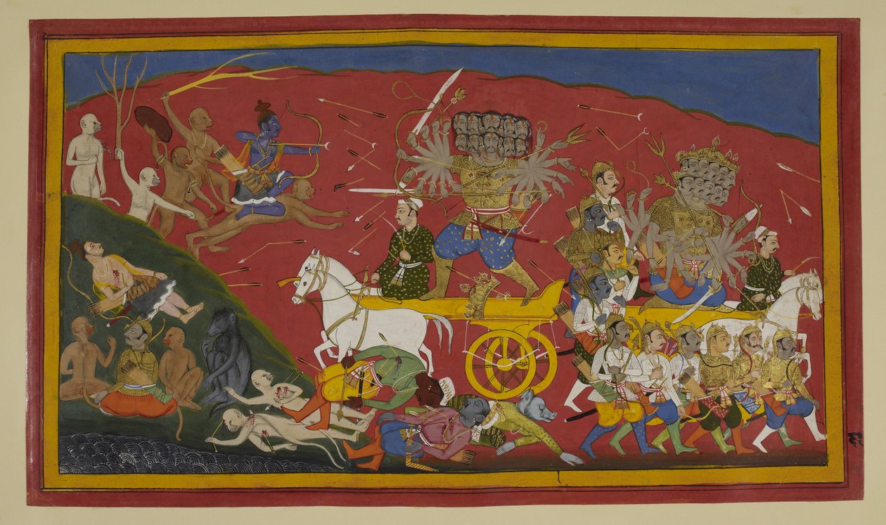 Rama angriper fra Hanumans rygg; Ravana, såret, trekker seg tilbake av Indian School