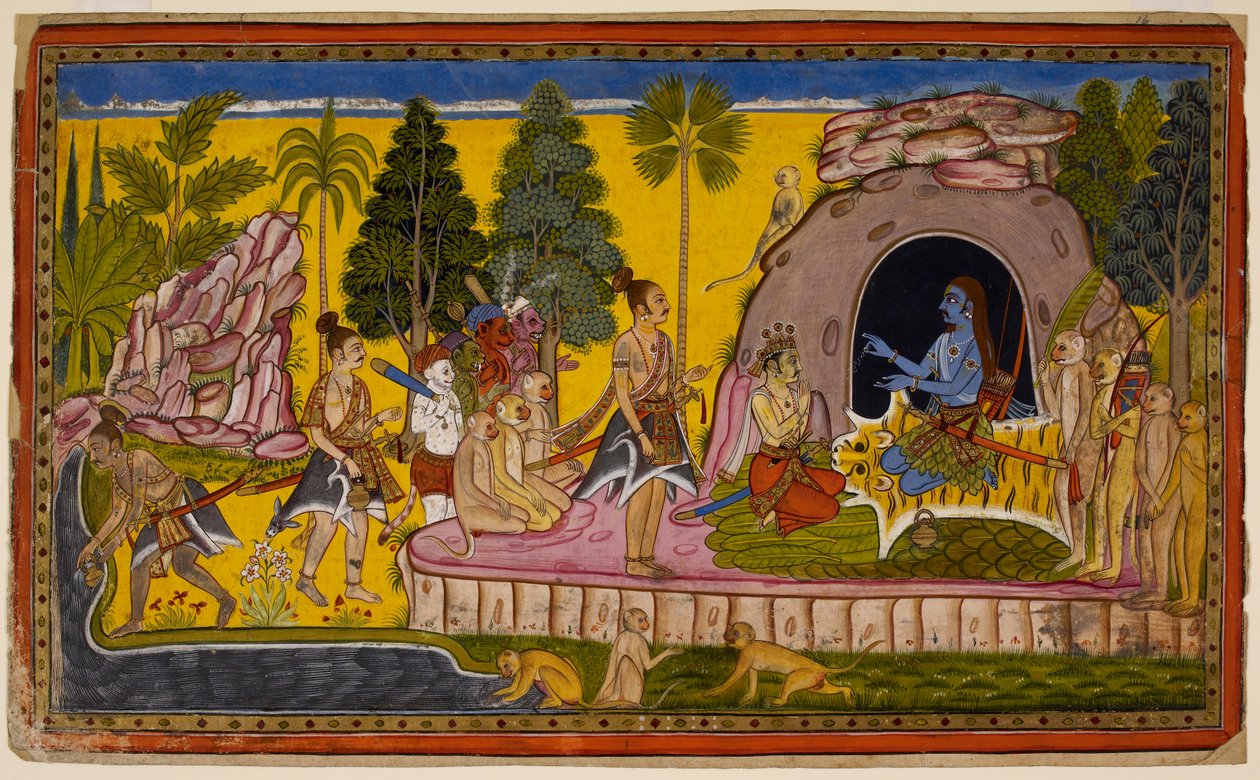 Rāma kroner Vibhīṣaṇa til konge av Laṅkā og forbereder seg på å søke havets hjelp til å skape en vei til Laṅkā. 1653 (miniatyr) av Indian School