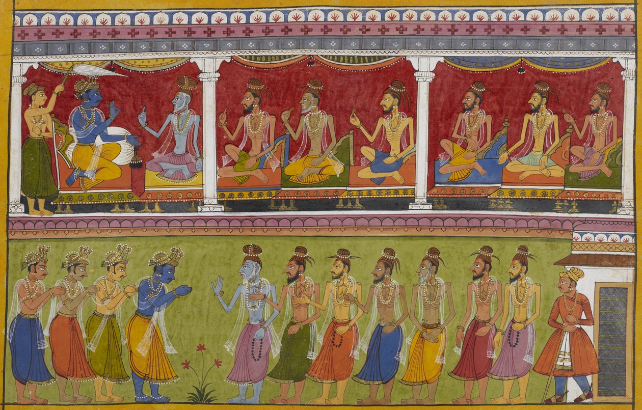 Rāma hilser syv vismenn som roser seieren hans og forteller om Rāvaṇas opprinnelse av Indian School
