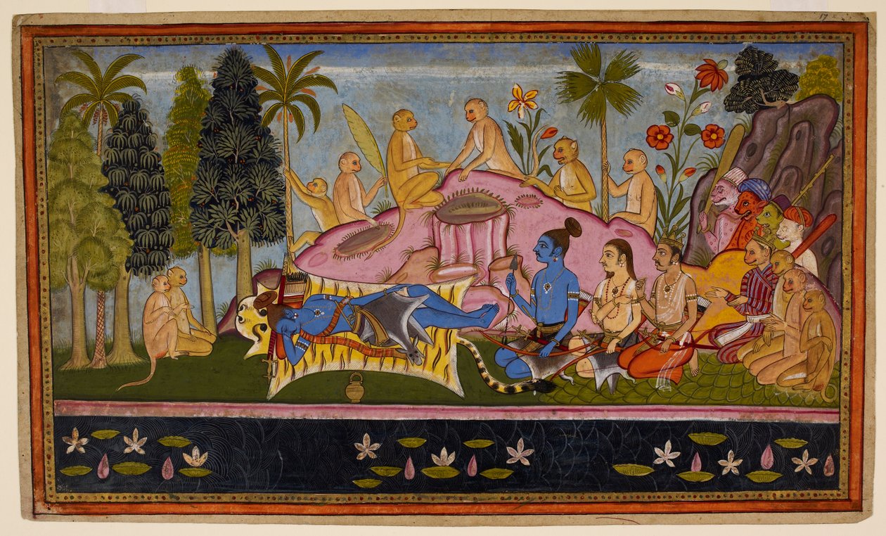 Rāma, iført tigerhud, tilbringer tre dager med å trygle havet, men det forblir uimotståelig. c1653 (miniatyr) av Indian School