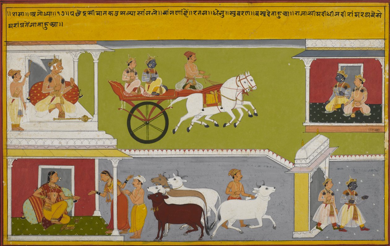 Rāma blir regent, forlater palasset og forteller det til moren sin, Kaushalyā, som gir kyr i gaver. av Indian School